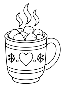 Steaming mug with sweet marshmallows on a rainy day coloring page.