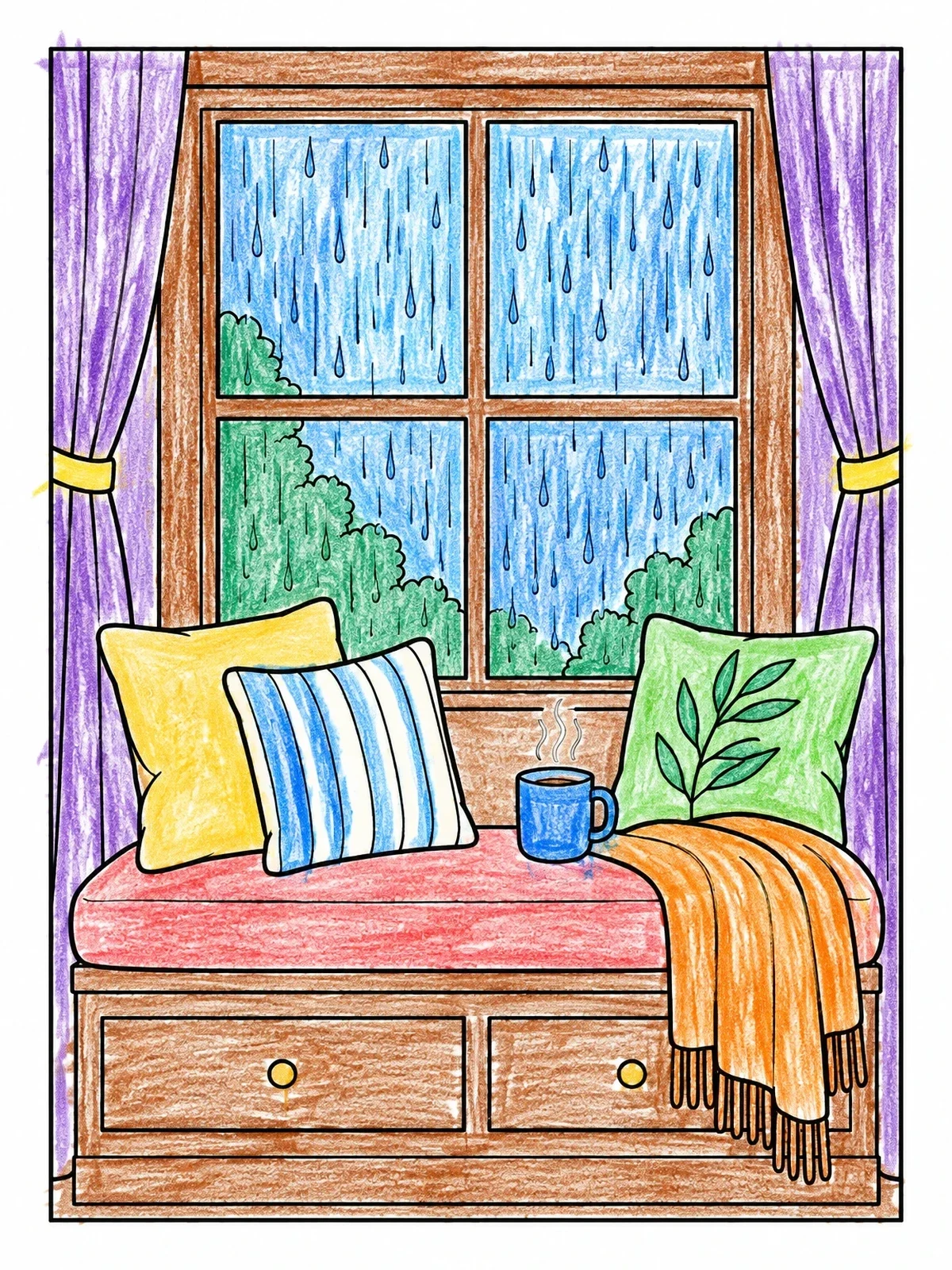 Colored example of the Cozy Window Seat In Rain coloring page