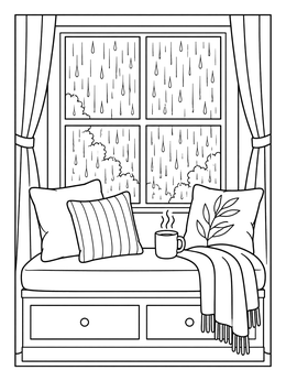 A cozy rainy day coloring page with a cushioned window seat, blanket, and hot mug.