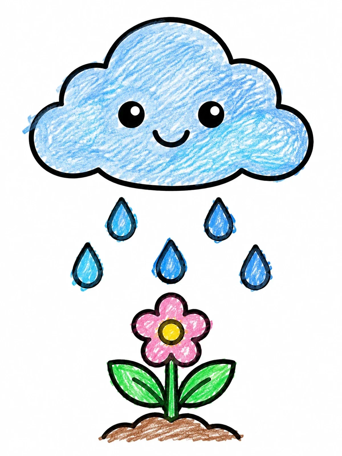 Colored example of the Cute Cloud Raining On Flower coloring page