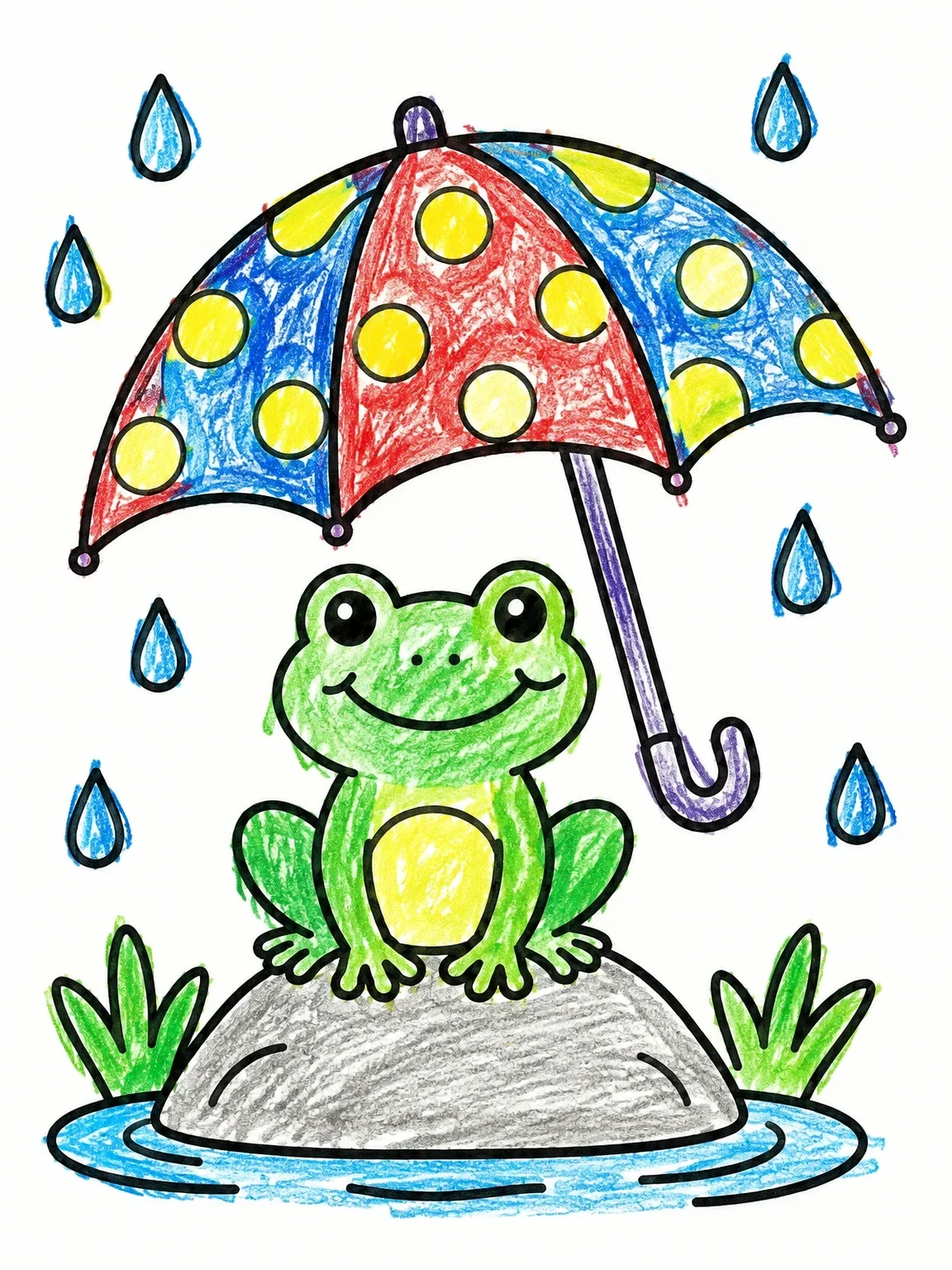 Colored example of the Cute Frog Under Polka Dot Umbrella coloring page
