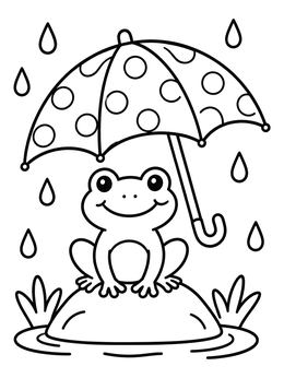 Free printable Cute Frog Under Polka Dot Umbrella coloring page