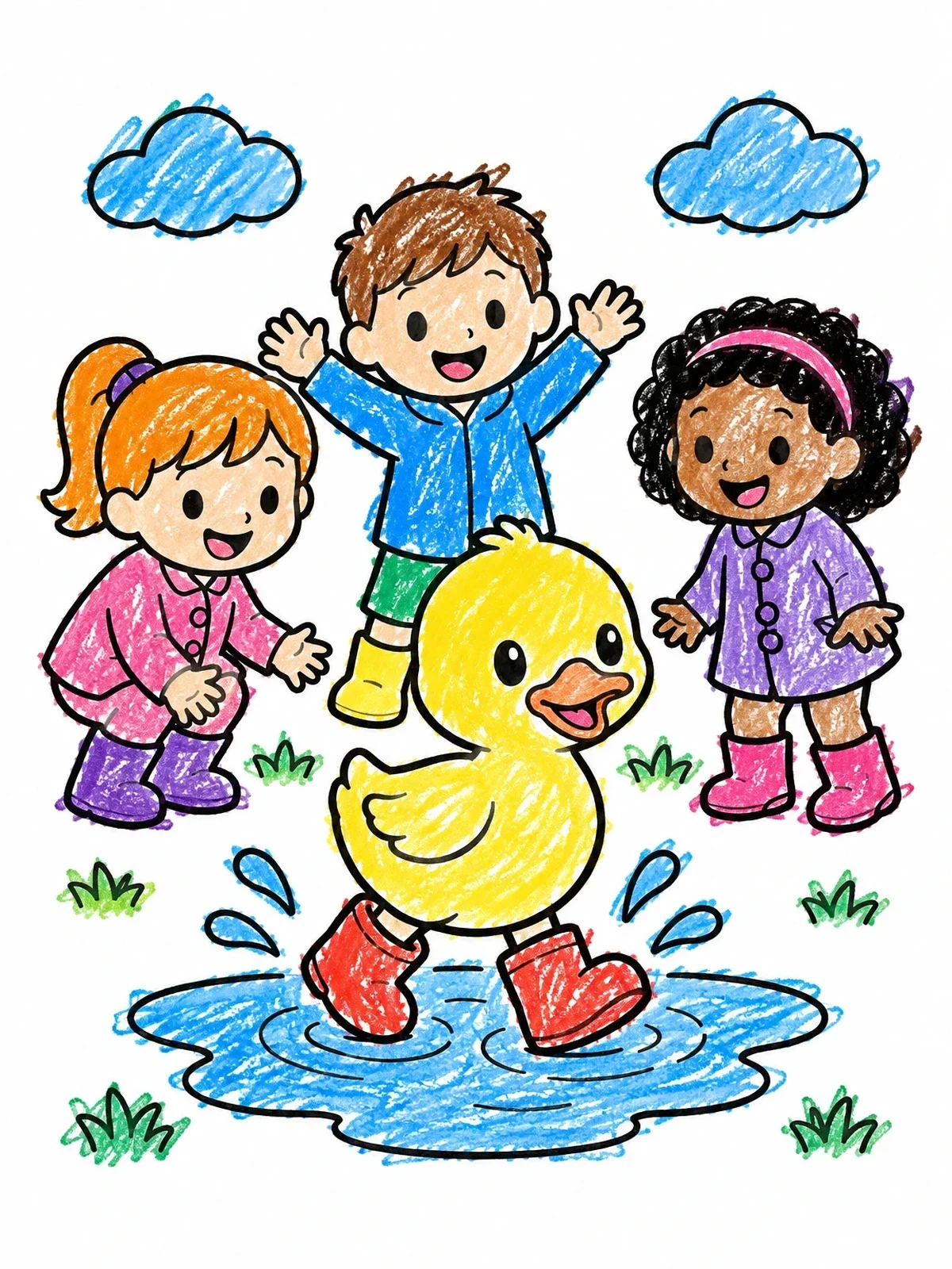 Colored example of the Duckling In Rain Boots With Children coloring page