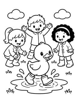 Free printable Duckling In Rain Boots With Children coloring page