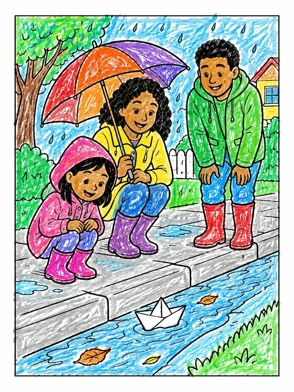 Colored example of the Family Watching Paper Boat In Rain coloring page