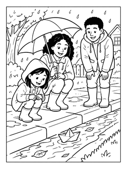 A family watches a small paper boat in this rainy day coloring page.