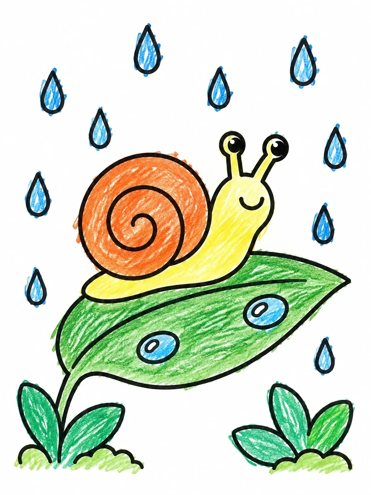 Colored example of the Happy Snail In The Rain coloring page