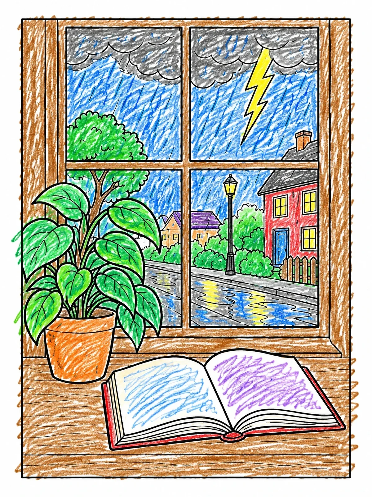 Colored example of the Open Book On A Stormy Windowsill coloring page