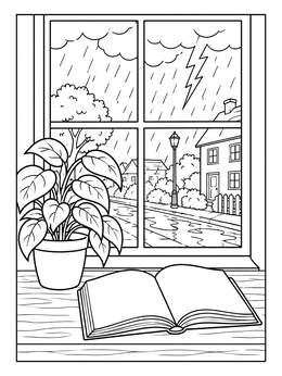An open book on a windowsill looks out at lightning and rain in this rainy day coloring page.