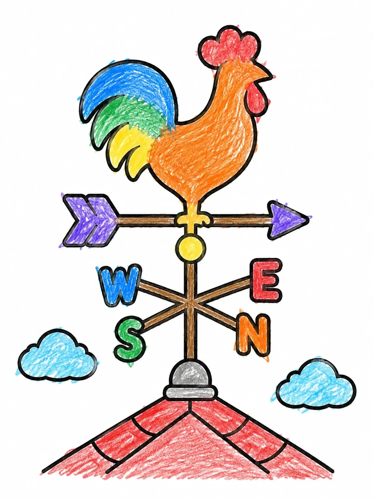 Colored example of the Rooster Weather Vane On Rooftop coloring page