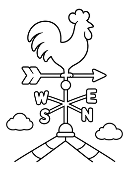 A rooster weather vane stands on a roof in this rainy day coloring page.