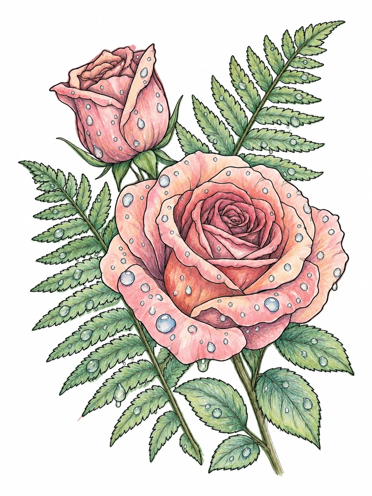 Colored example of the Raindrops On Rose And Fern coloring page