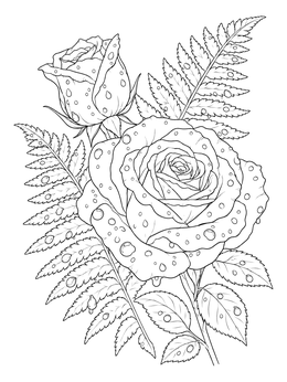 A detailed rainy day coloring page featuring fresh roses and fern fronds covered in dewy raindrops.