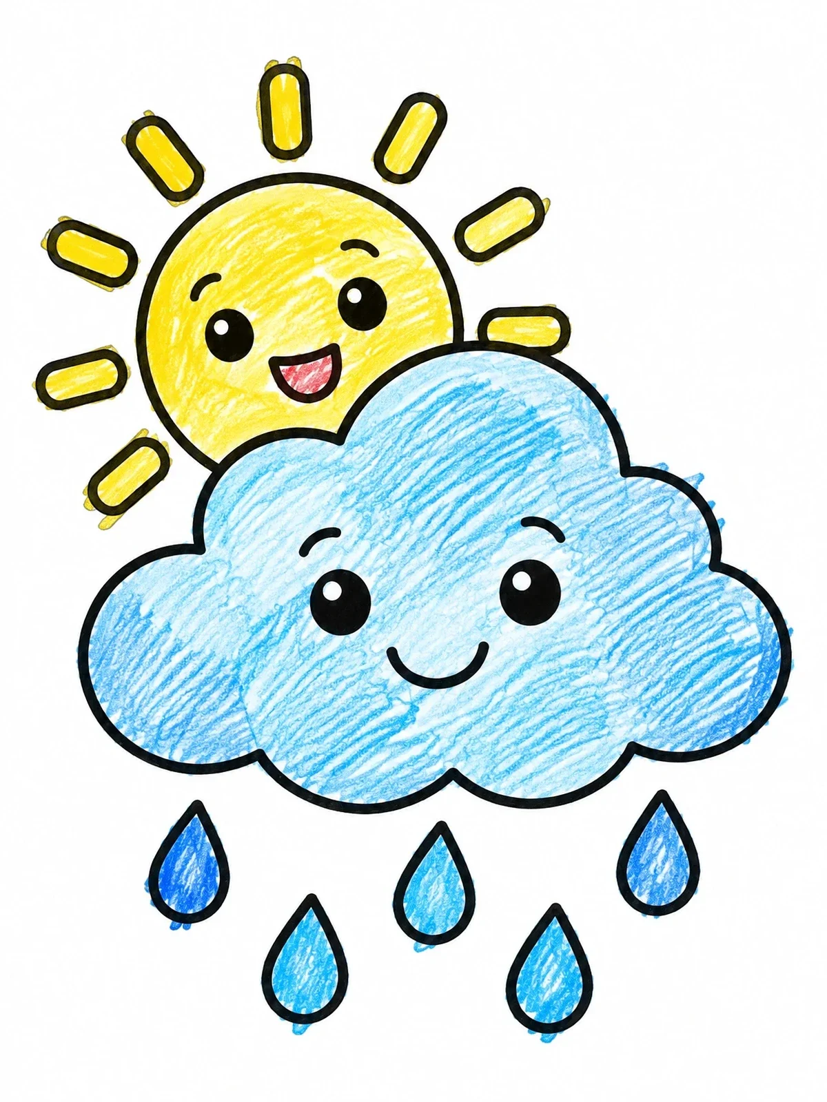 Colored example of the Smiling Sun And Rain Cloud coloring page
