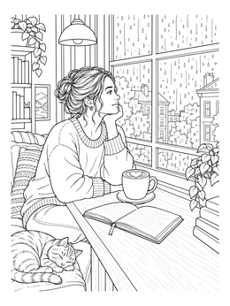 Free printable Rainy Window Cafe Moment coloring page