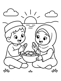 Two smiling children share a bowl of sweet dates at sunset in this ramadan coloring page.