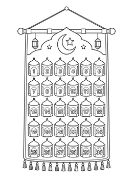 A decorative hanging fabric ramadan coloring page featuring thirty numbered mosque-shaped pockets.