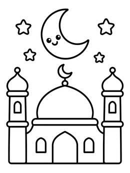 Free printable Cute Mosque And Smiling Moon coloring page