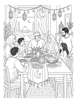 A multigenerational family enjoys an evening meal together in this ramadan coloring page.