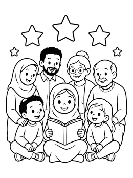 Free printable Family Reading Together Under Stars coloring page
