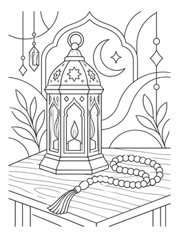 A decorative fanous lantern on a wooden tabletop in this ramadan coloring page.