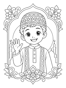 A smiling boy waves inside a floral frame on this ramadan coloring page.