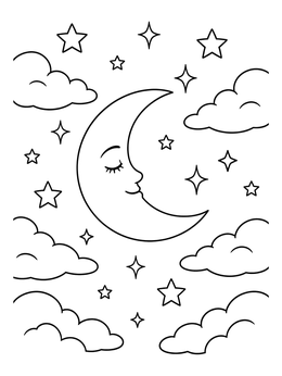 A smiling crescent moon among clouds in this ramadan coloring page.