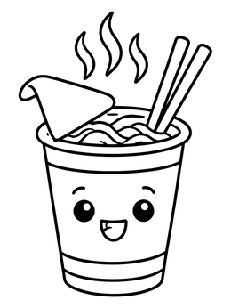 A smiling instant cup with chopsticks in this cute ramen coloring page.