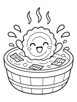 A cheerful narutomaki character splashing in broth on this cute ramen coloring page.