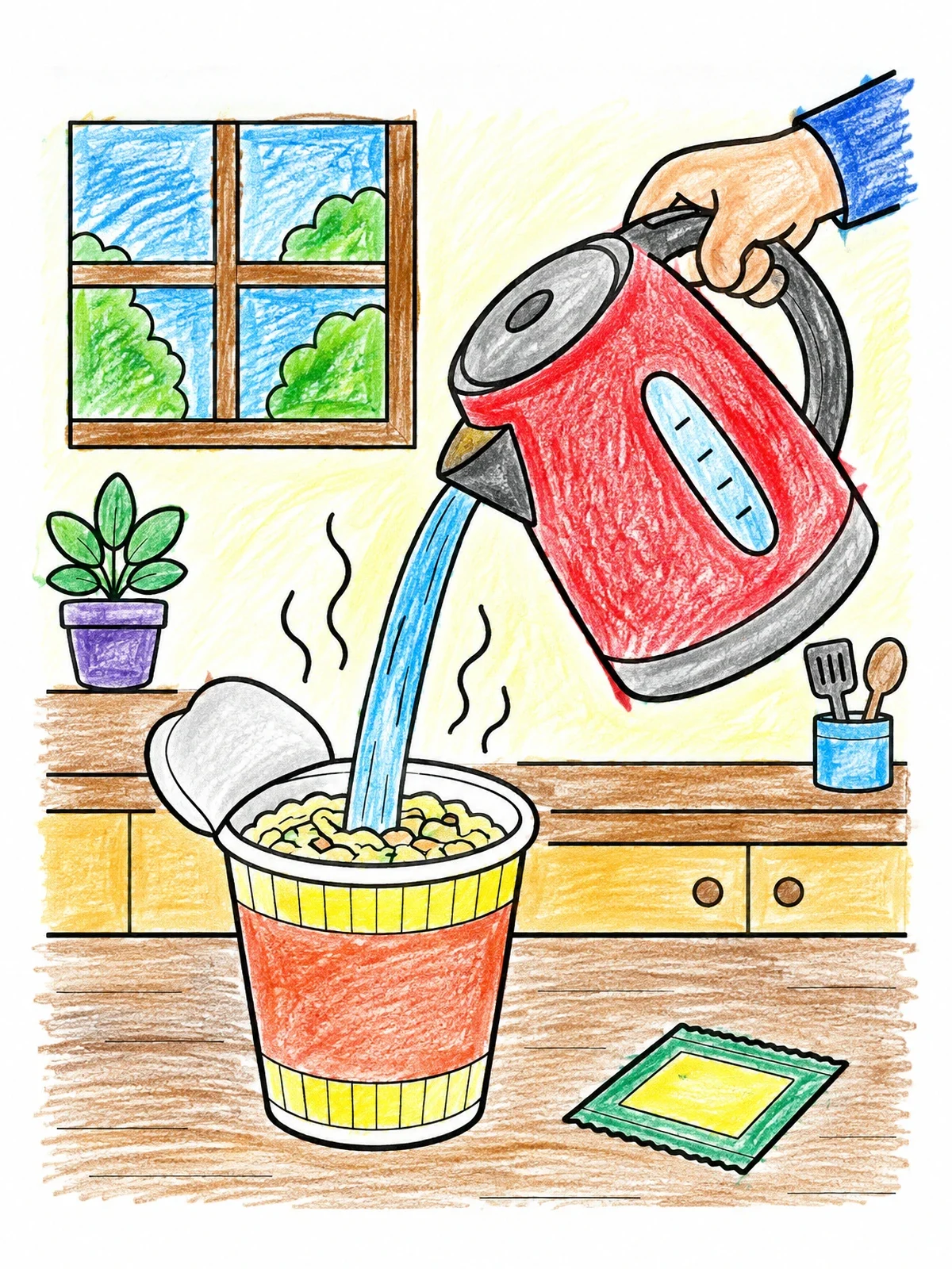Colored example of the Pouring Hot Water Into Instant Noodles coloring page