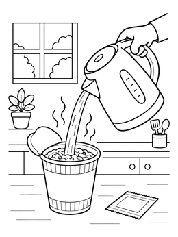A cozy kitchen scene in this ramen coloring page as hot water pours from a kettle into cup noodles.