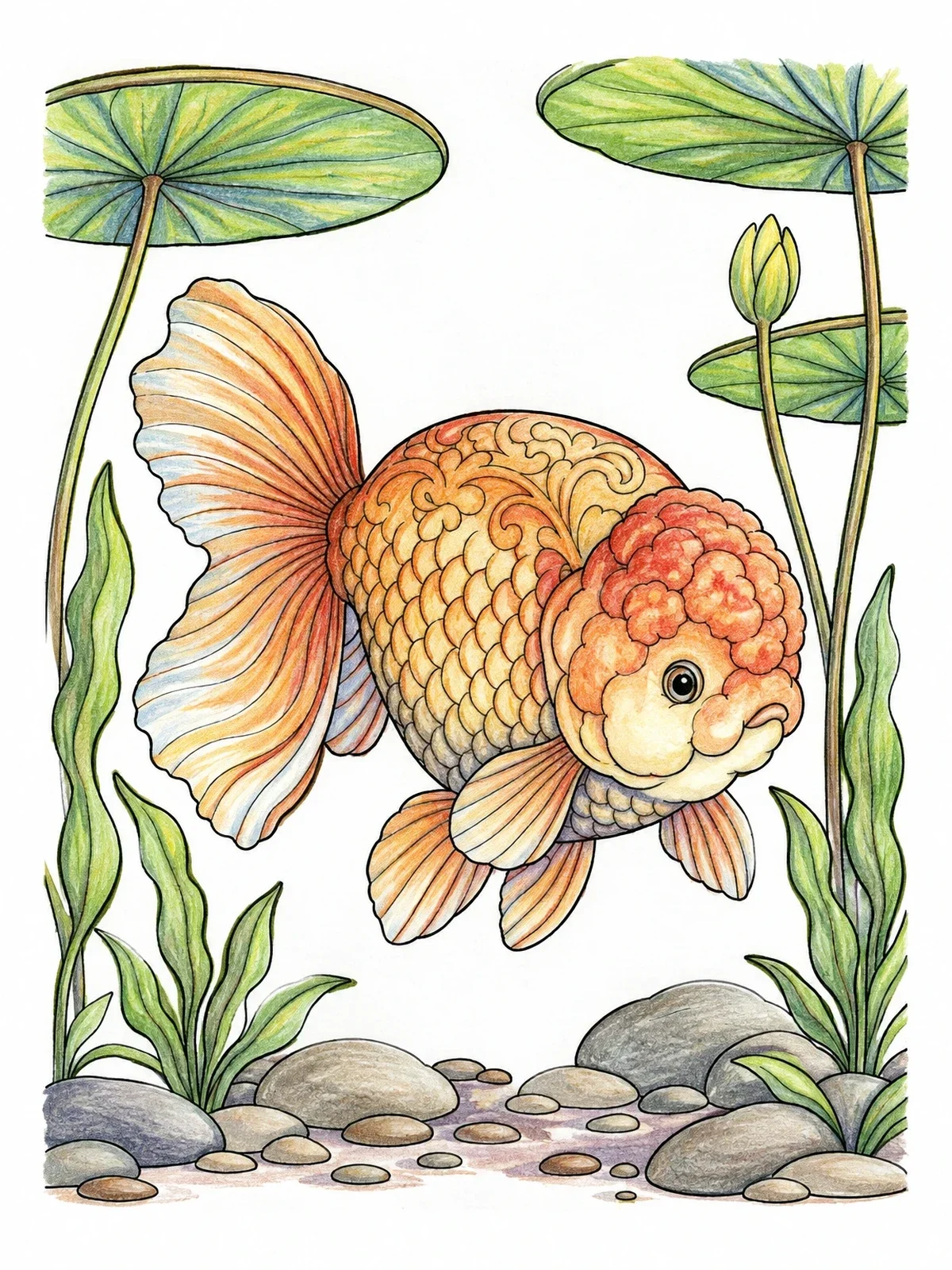 Colored example of the Ranchu Goldfish In Lily Pond coloring page