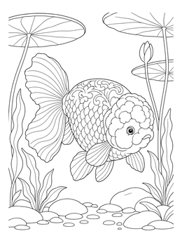 A detailed goldfish coloring page featuring a ranchu fish swimming among lily pads.