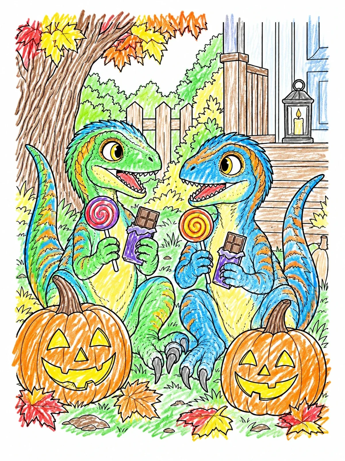 Colored example of the Raptor Hatchlings Sharing Halloween Treats coloring page