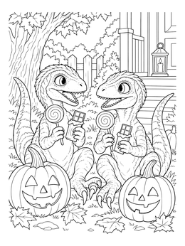 Two cute raptors enjoy candy in this halloween dinosaur coloring page.