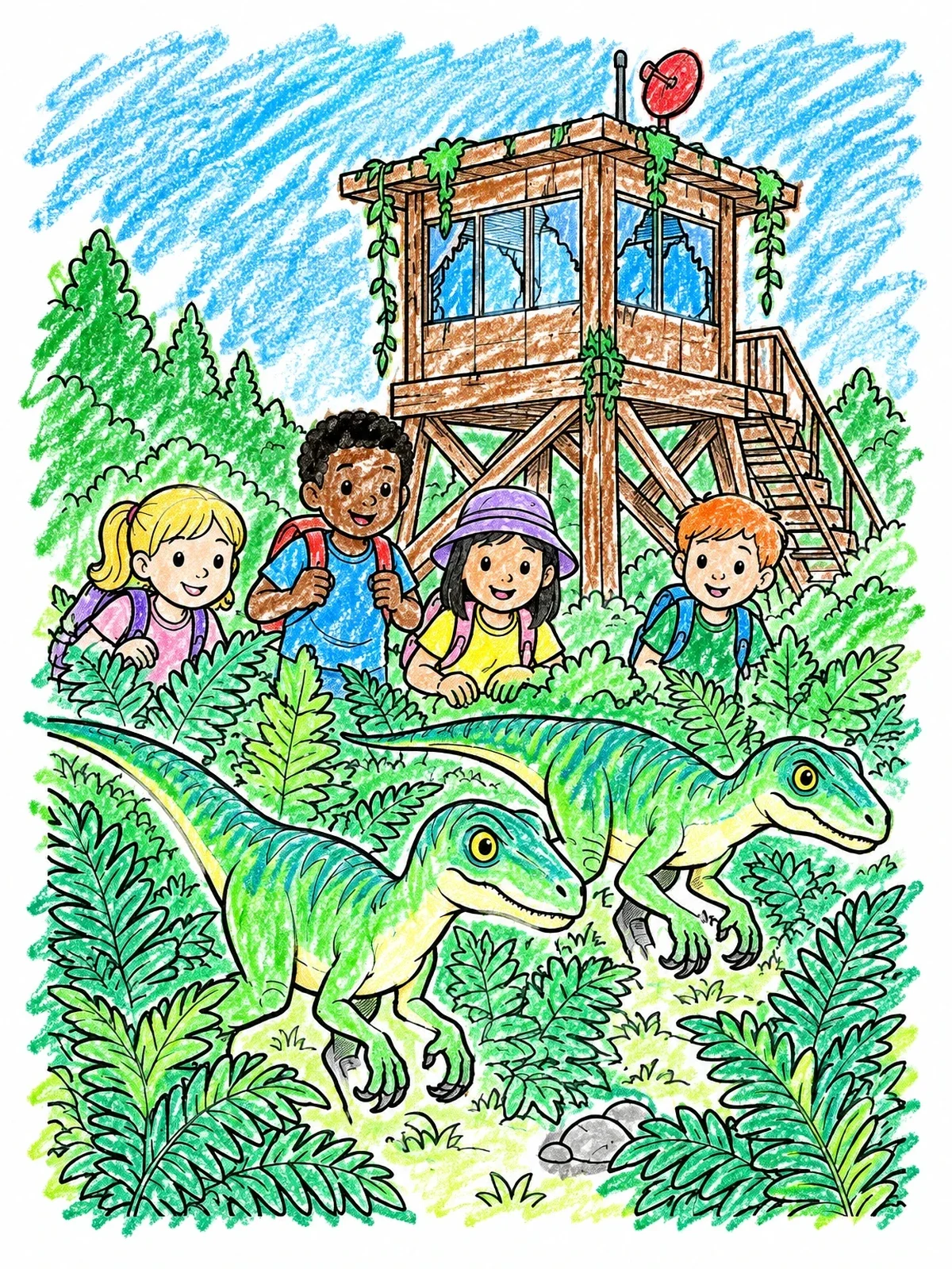 Colored example of the Raptor Safari At The Watchtower coloring page