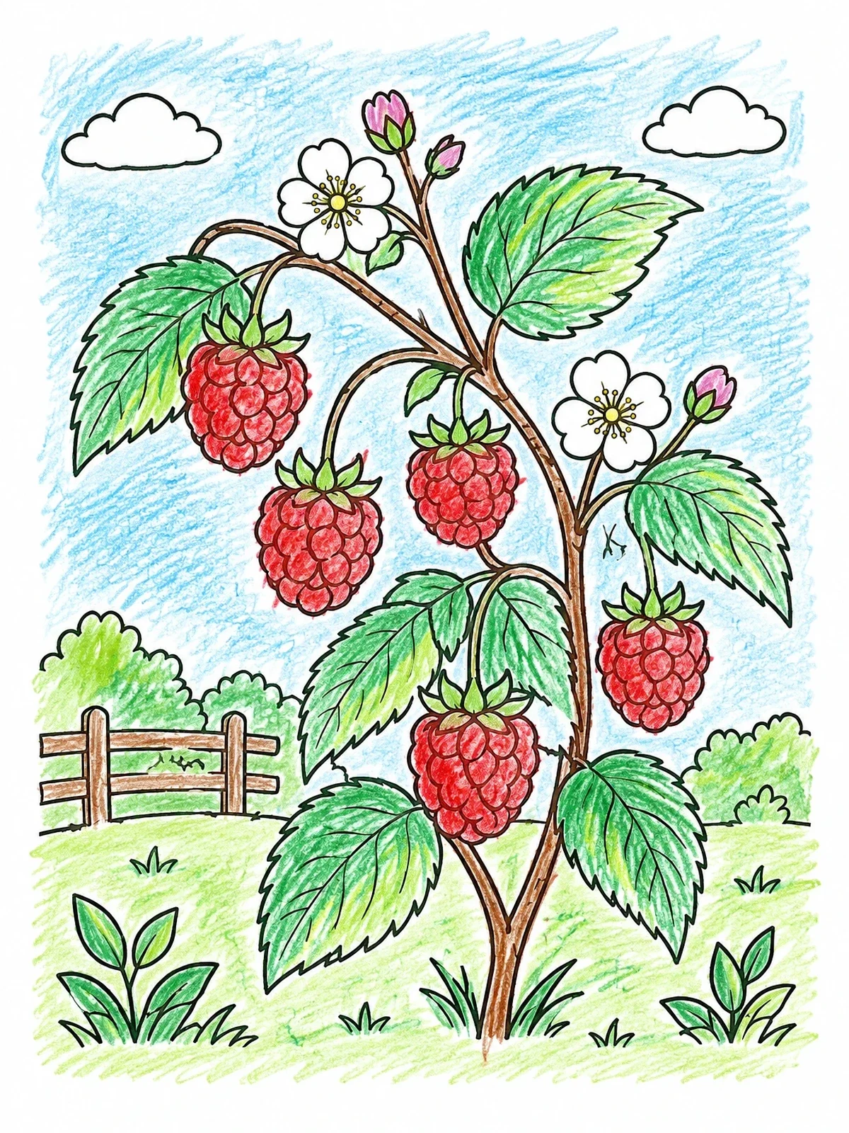 Colored example of the Raspberry Bush With Fresh Berries coloring page