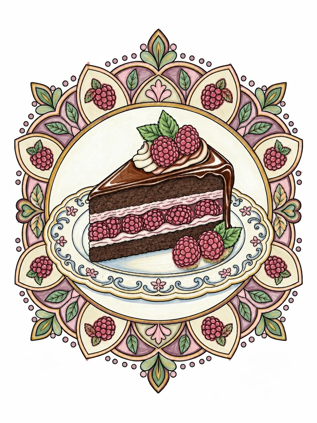 Colored example of the Raspberry Chocolate Cake Mandala coloring page