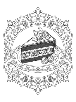 A delicious slice of raspberry chocolate cake on an ornate plate featured in this raspberry coloring page.