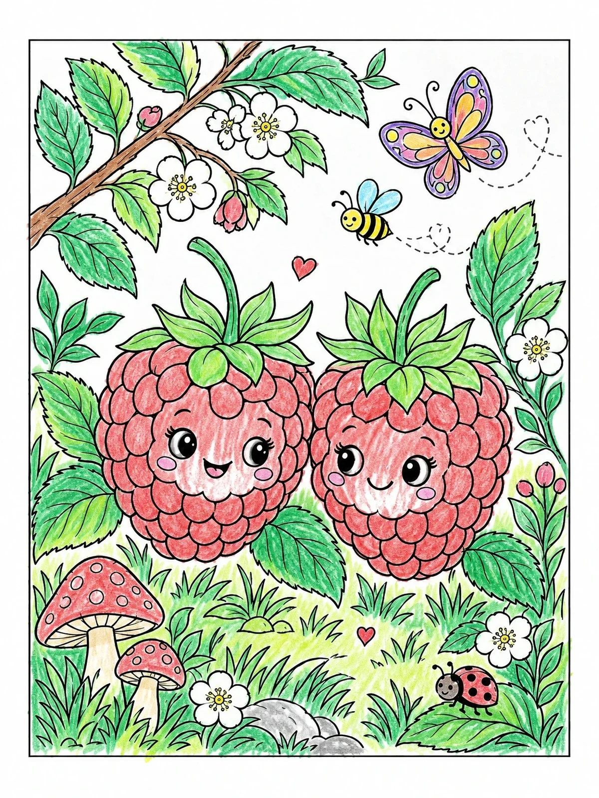 Colored example of the Cute Raspberries In Nature coloring page