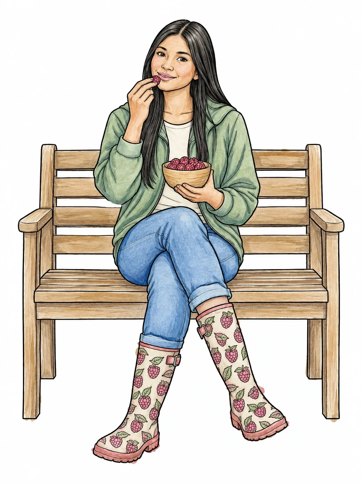Colored example of the Girl With Raspberries On A Bench coloring page
