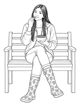 A smiling young woman sits on a garden bench snacking on berries in this raspberry coloring page.