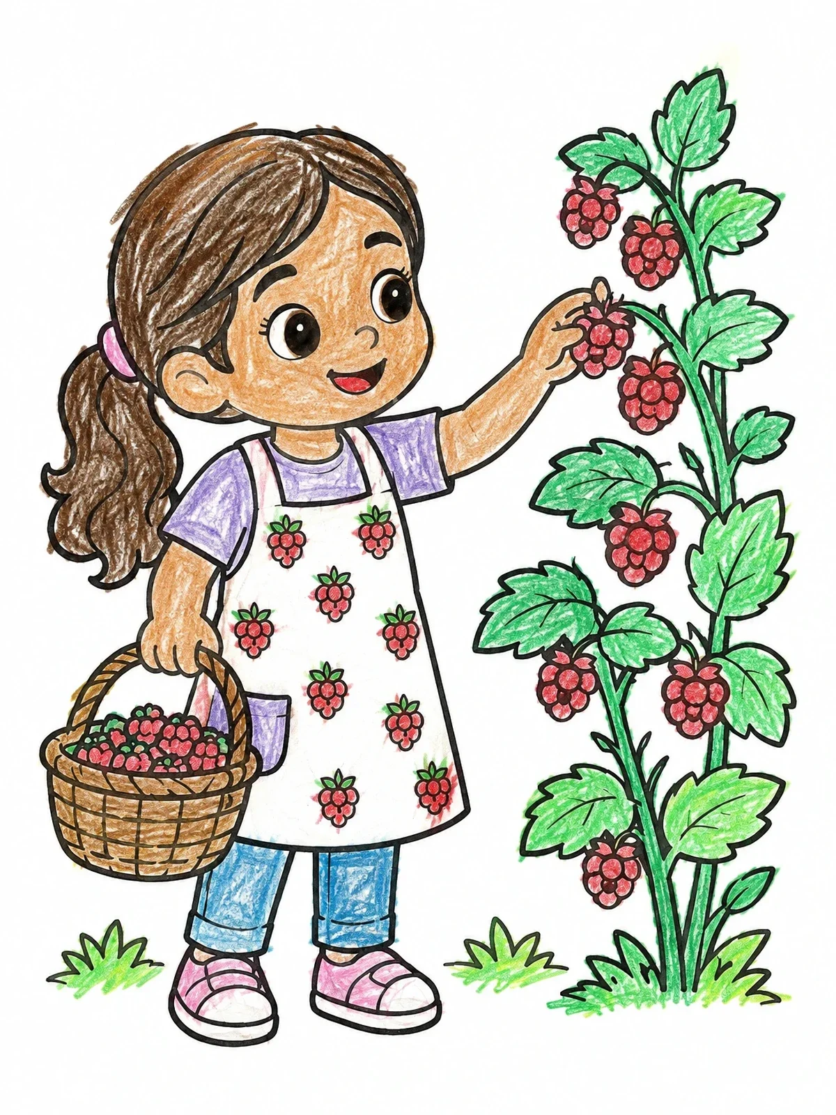 Colored example of the Little Girl Picking Fresh Raspberries coloring page