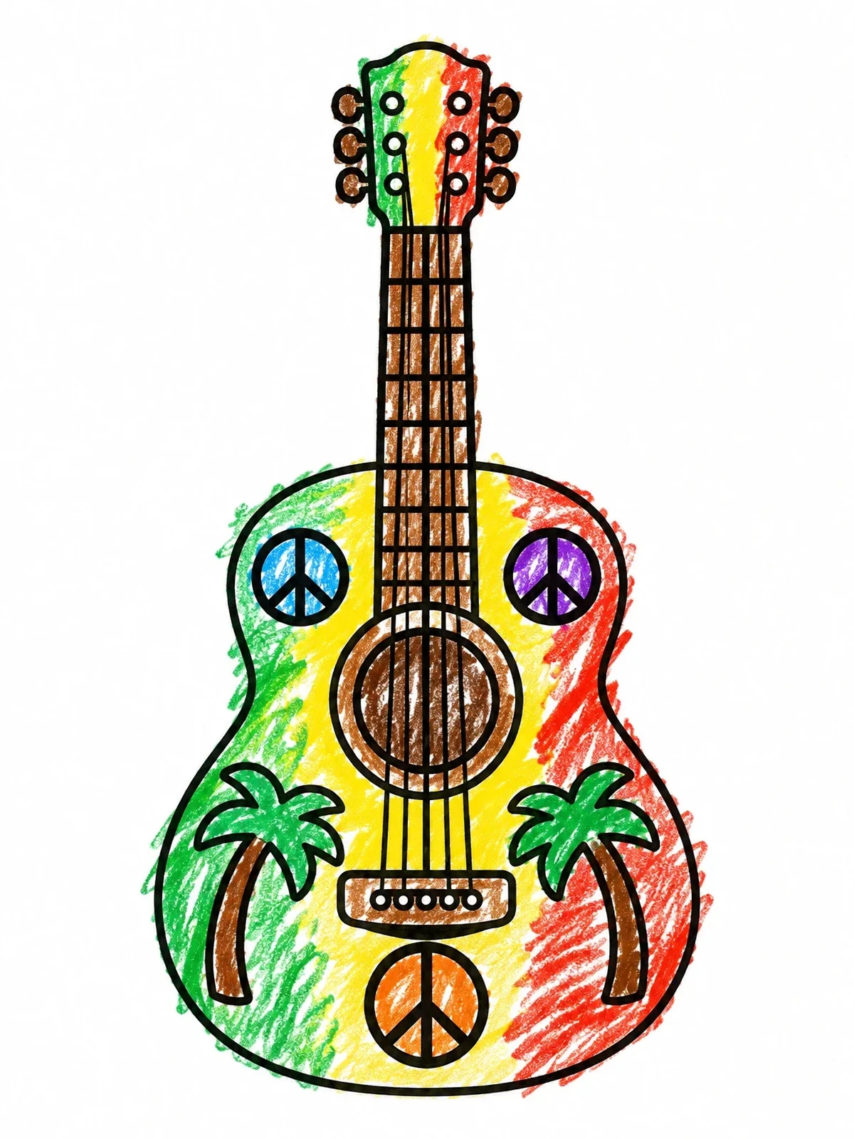 Colored example of the Acoustic Guitar With Peace Signs coloring page