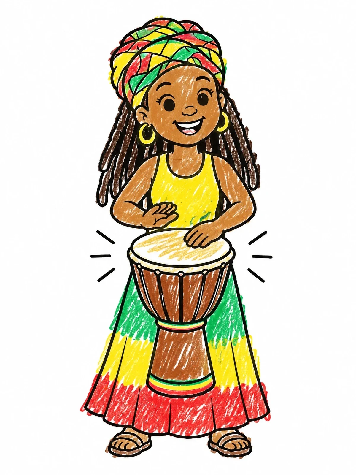 Colored example of the Cheerful Girl Playing Djembe Drum coloring page