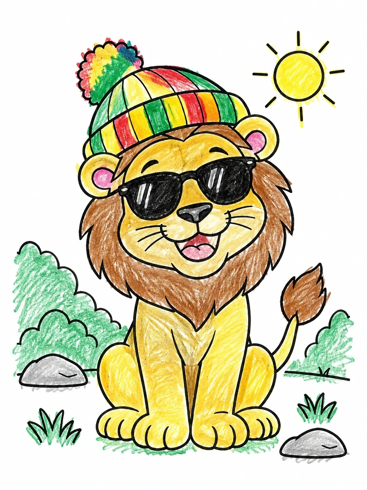 Colored example of the Cool Lion With Beanie And Sunglasses coloring page