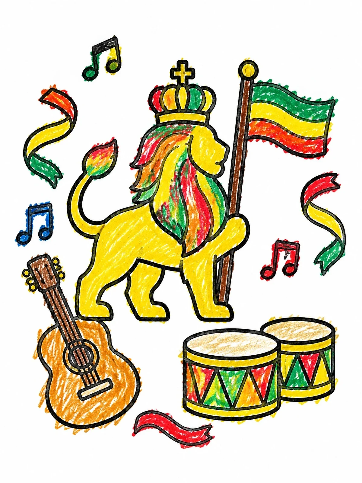 Colored example of the Crowned Lion With Drums And Guitar coloring page