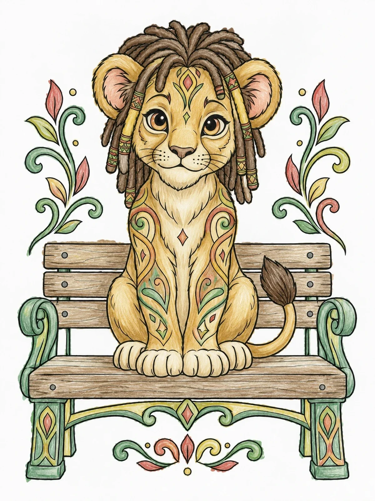 Colored example of the Lion Cub With Dreadlocks On Bench coloring page