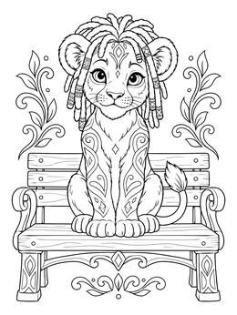 A cute lion cub sits on a wooden bench in this rasta coloring page.