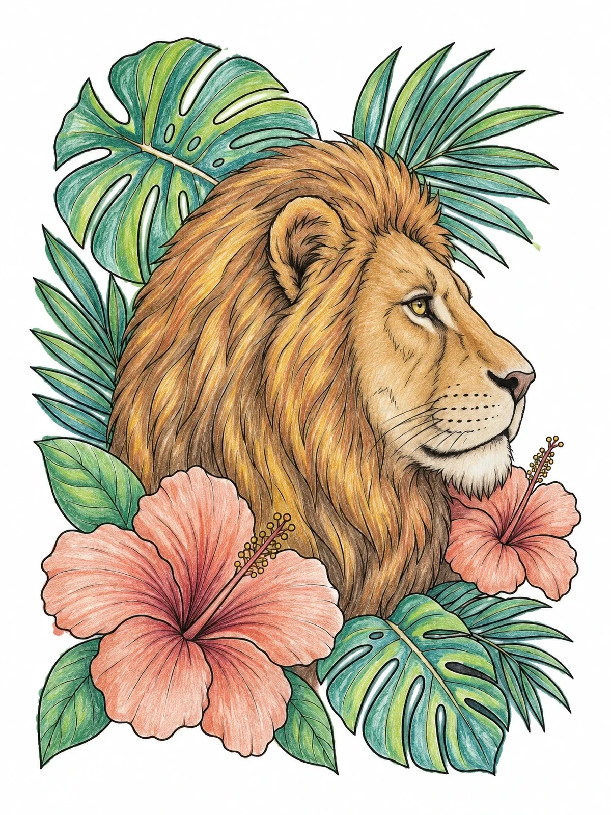 Colored example of the Majestic Lion Profile With Hibiscus coloring page